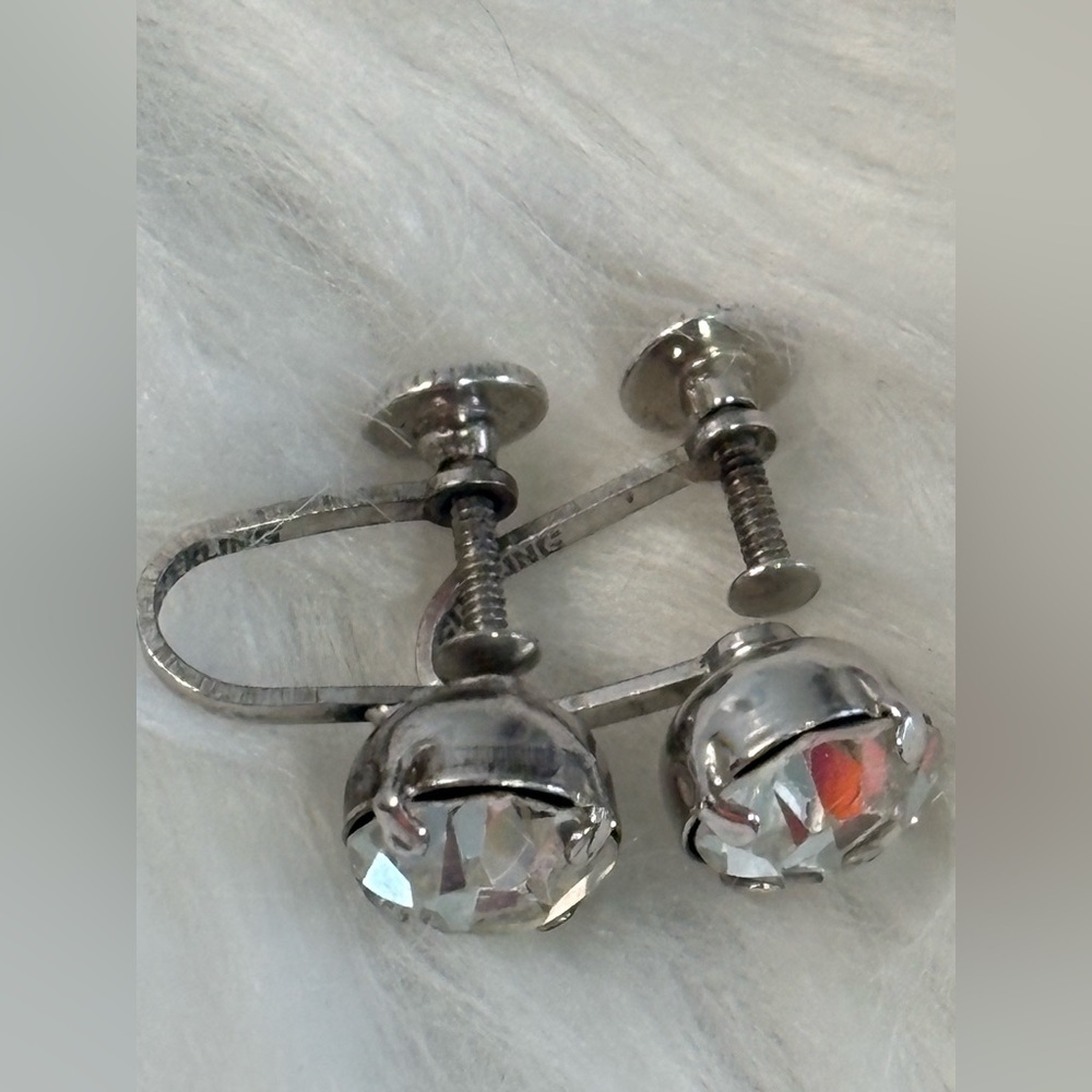 Vintage Sterling Silver Clip-On Earrings with Clear Faceted Stones